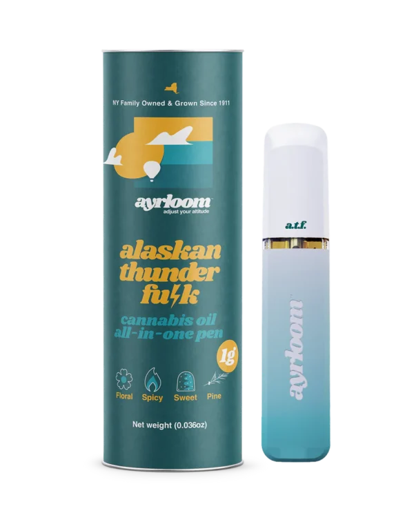 A sleek Alaskan Thunder Fu*k all-in-one cannabis oil vape pen with bold, earthy branding and hints of green and orange.
