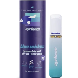 A stylish Ayrloom Blue Widow all-in-one cannabis oil vape pen with a vibrant, blue-and-white color scheme, suggesting a fresh and balanced experience.