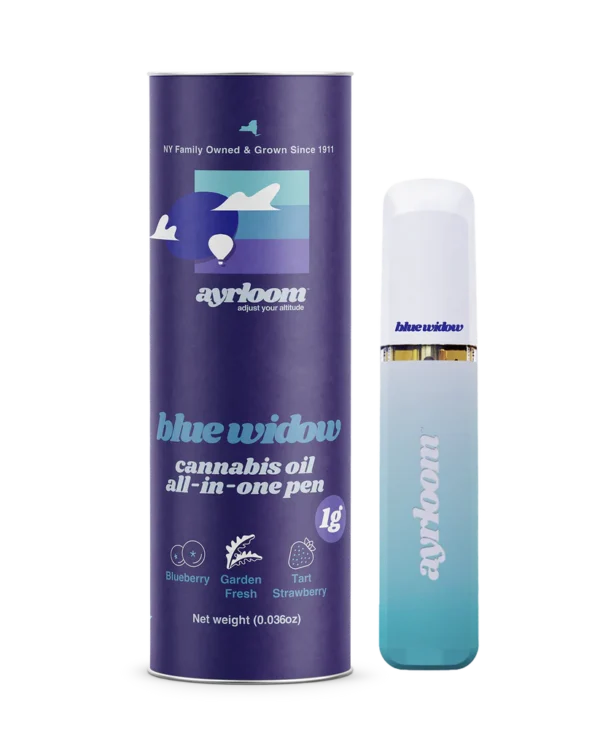 A stylish Ayrloom Blue Widow all-in-one cannabis oil vape pen with a vibrant, blue-and-white color scheme, suggesting a fresh and balanced experience.