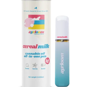 A Cereal Milk all-in-one cannabis oil vape pen with creamy, pastel-colored branding evoking a sense of sweet nostalgia.