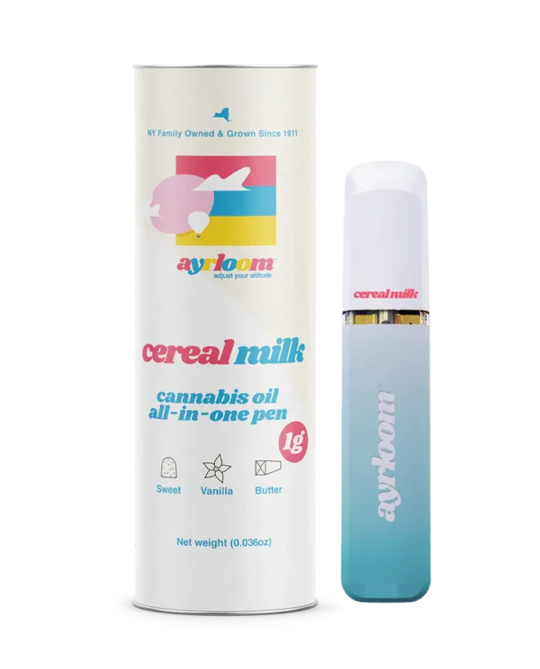 A Cereal Milk all-in-one cannabis oil vape pen with creamy, pastel-colored branding evoking a sense of sweet nostalgia.