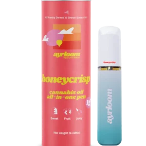 A stylish all-in-one cannabis oil vape pen with vibrant red and green branding, featuring a subtle honeycrisp apple icon.