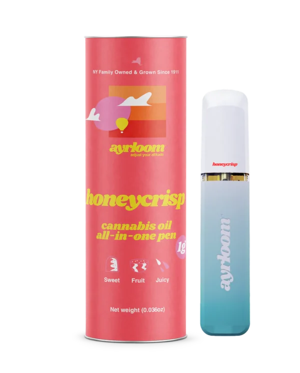 A stylish all-in-one cannabis oil vape pen with vibrant red and green branding, featuring a subtle honeycrisp apple icon.