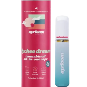 A sleek all-in-one Lychee Dream cannabis oil vape pen with elegant, light pink and green branding, featuring a subtle floral and fruit icon.