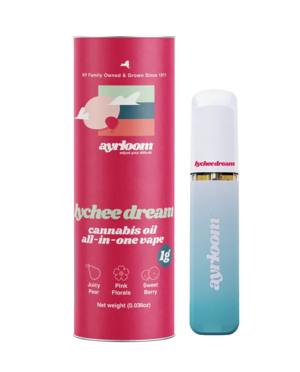 A sleek all-in-one Lychee Dream cannabis oil vape pen with elegant, light pink and green branding, featuring a subtle floral and fruit icon.