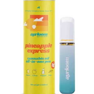 A sleek all-in-one cannabis oil vape pen with vibrant yellow and green branding, featuring a subtle pineapple icon and a tropical feel.