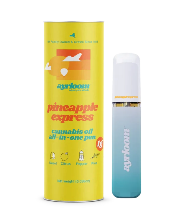 A sleek all-in-one cannabis oil vape pen with vibrant yellow and green branding, featuring a subtle pineapple icon and a tropical feel.