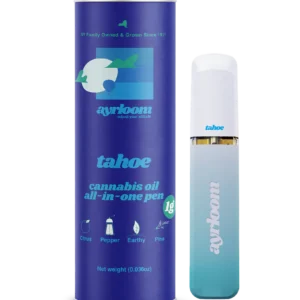 A stylish all-in-one Tahoe cannabis oil vape pen with rugged, natural-looking branding and green-and-orange accents.