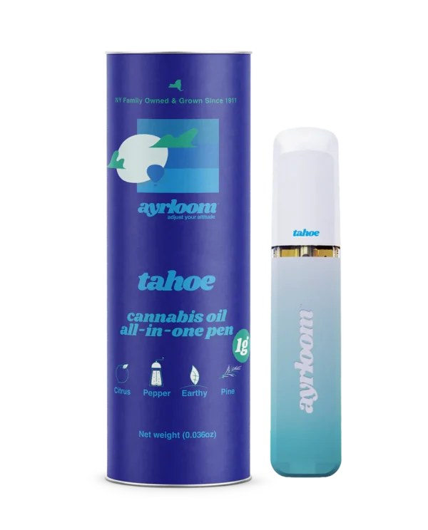 A stylish all-in-one Tahoe cannabis oil vape pen with rugged, natural-looking branding and green-and-orange accents.