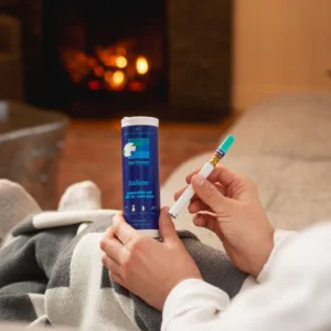 A stylish all-in-one Tahoe cannabis oil vape pen with rugged, natural-looking branding and green-and-orange accents.