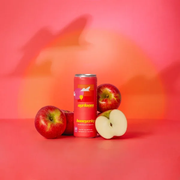 A can of Ayrloom Honeycrisp Cannabis Infused Fresh Apple Cider with a clean, rustic label featuring an apple illustration.