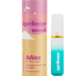 A sleek all-in-one Ayrloom Mood: Bliss cannabis oil vape pen with vibrant, celebratory branding, featuring a bright, sun-like icon.