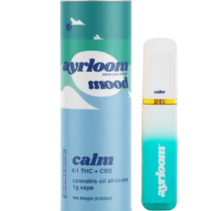 A sleek all-in-one Ayrloom Mood: Calm cannabis oil vape pen with gentle, earthy, and floral-inspired branding.