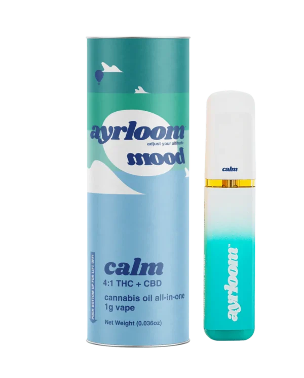A sleek all-in-one Ayrloom Mood: Calm cannabis oil vape pen with gentle, earthy, and floral-inspired branding.