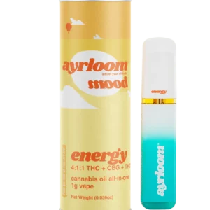 A sleek all-in-one Ayrloom Mood: Energy cannabis oil vape pen with vibrant orange and yellow branding, suggesting an invigorating and uplifting experience.