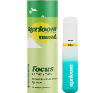 A sleek all-in-one Ayrloom Mood: Focus cannabis oil vape pen with vibrant green and yellow branding, suggesting an invigorating and fresh experience.