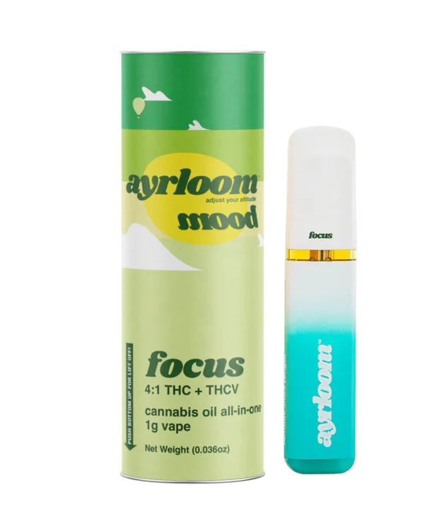 A sleek all-in-one Ayrloom Mood: Focus cannabis oil vape pen with vibrant green and yellow branding, suggesting an invigorating and fresh experience.