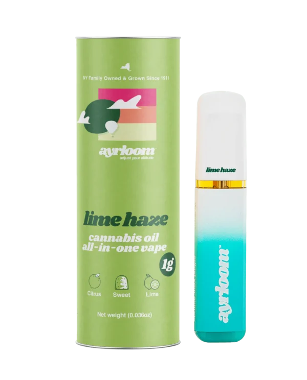 Ayrloom Lime Haze all-in-one cannabis oil pen with green and yellow citrus design, ready for use.