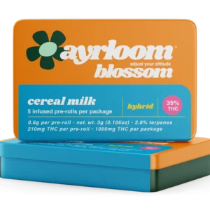 A pack of Ayrloom Blossom pre-rolls with Cereal Milk branding, featuring a subtle illustration of a cereal bowl and milk.