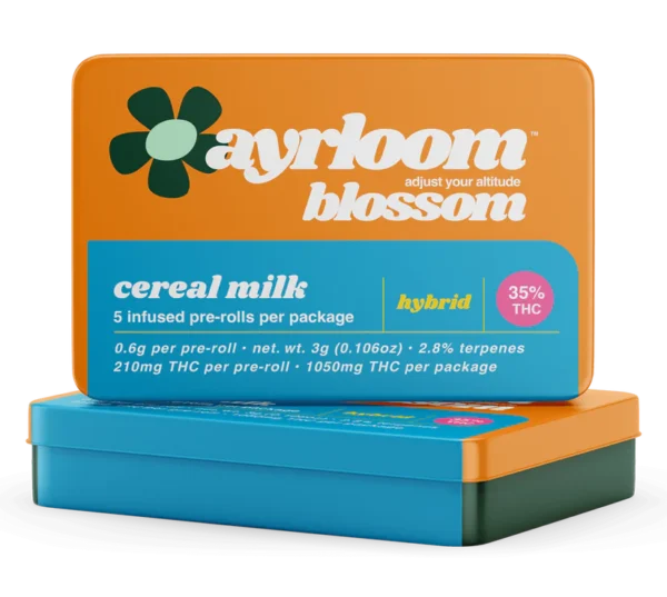 A pack of Ayrloom Blossom pre-rolls with Cereal Milk branding, featuring a subtle illustration of a cereal bowl and milk.