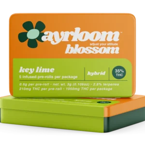 A pack of Ayrloom Blossom pre-rolls with Key Lime branding, featuring a subtle illustration of a key lime pie slice.