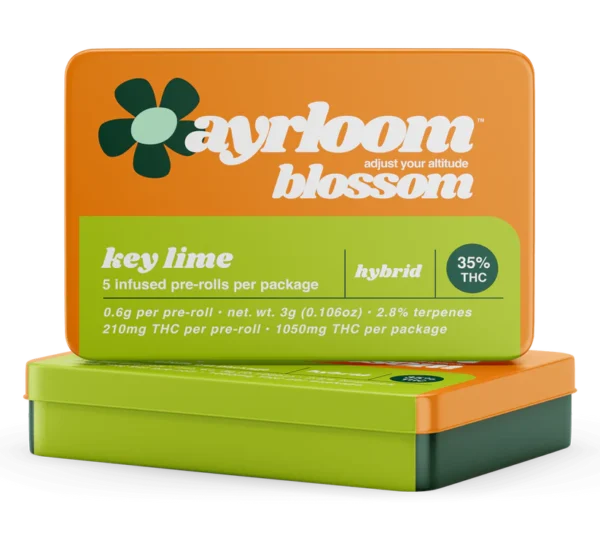 A pack of Ayrloom Blossom pre-rolls with Key Lime branding, featuring a subtle illustration of a key lime pie slice.