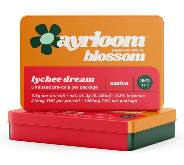 A pack of Ayrloom Blossom pre-rolls with Lychee Dream branding, featuring a subtle illustration of lychee, pear, and pink flowers.
