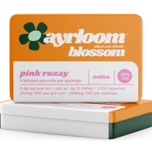 A pack of Ayrloom Blossom pre-rolls with Pink Rozay branding, featuring a subtle floral and rosé-themed design.