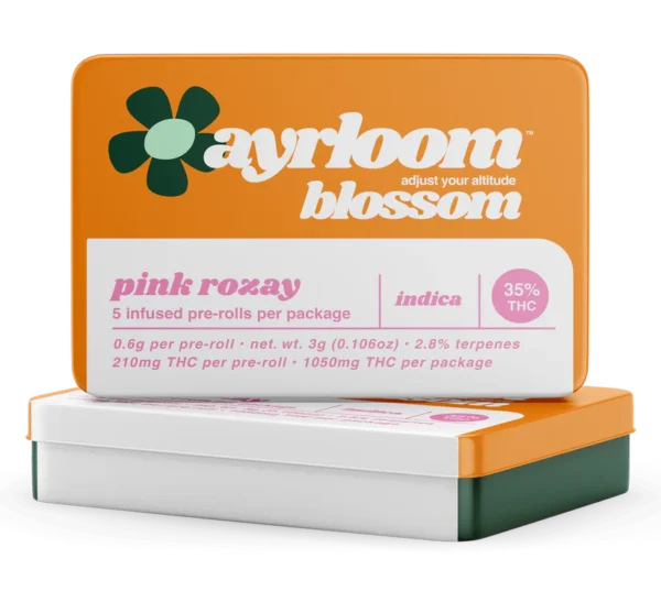 A pack of Ayrloom Blossom pre-rolls with Pink Rozay branding, featuring a subtle floral and rosé-themed design.