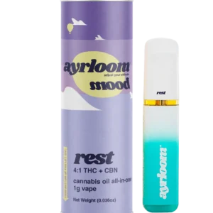 A sleek all-in-one Ayrloom Mood: Rest cannabis oil vape pen with gentle, earthy, and floral-inspired branding.
