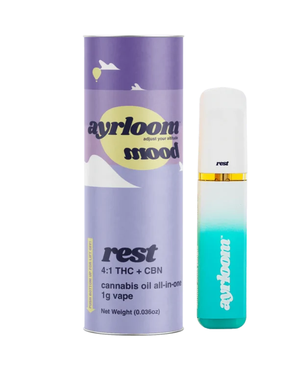 A sleek all-in-one Ayrloom Mood: Rest cannabis oil vape pen with gentle, earthy, and floral-inspired branding.