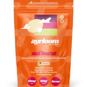 A container of Ayrloom Sol Burst 10mg cannabis infused gummies with vibrant orange and red branding, suggesting a juicy and energetic flavor.