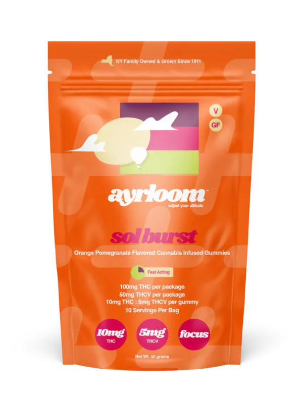 A container of Ayrloom Sol Burst 10mg cannabis infused gummies with vibrant orange and red branding, suggesting a juicy and energetic flavor.